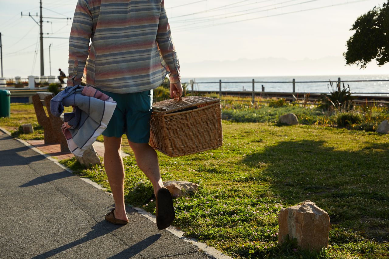 about-02 A person strolls on a sunny park path beside the ocean, carrying a picnic basket and blanket.